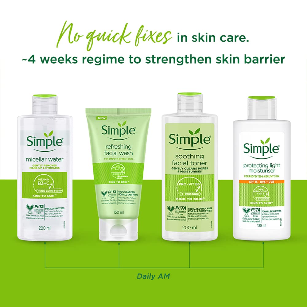 Simple Kind To Skin micellar water 200ml clear bottle with green cap