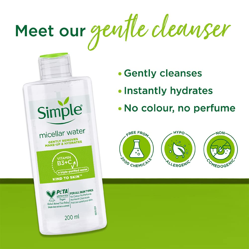 Simple Kind To Skin Micellar Cleansing Water 200ml bottle with green cap