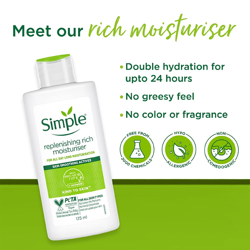 Simple Kind to Skin Replenishing Rich Moisturiser 125ml white bottle green cap