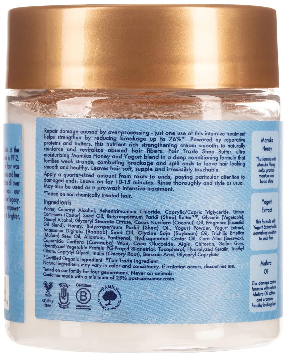 SheaMoisture Manuka Honey and Yogurt protein power treatment 237ml jar with gold lid