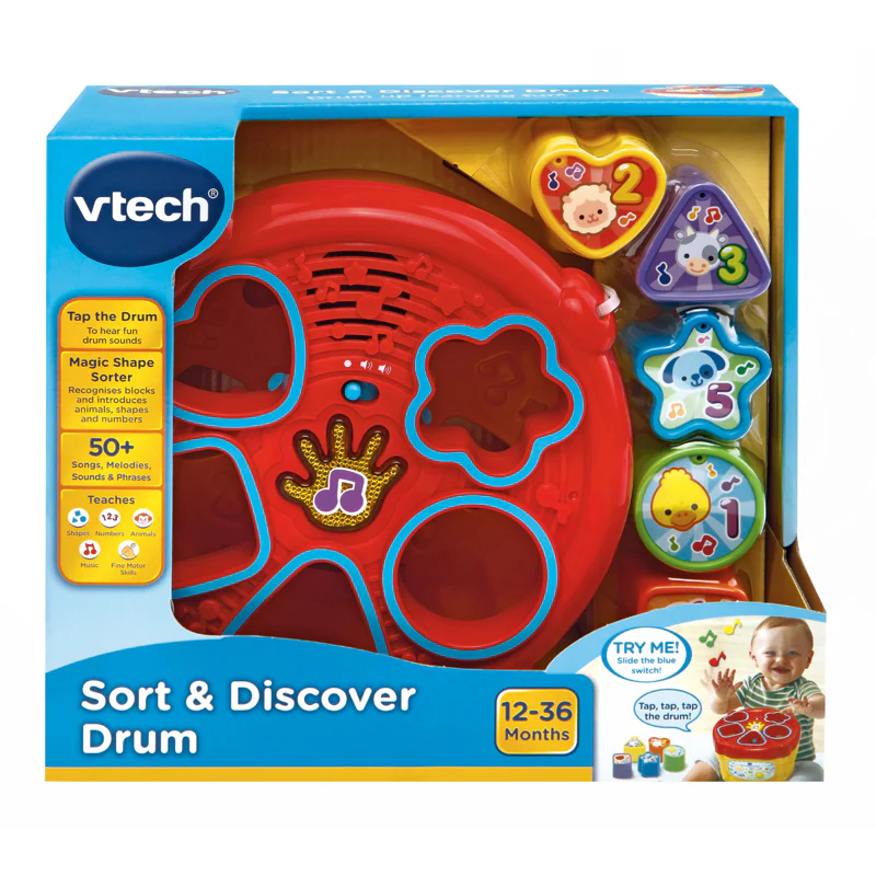VTech Sort & Discover Drum red interactive toy with shape sorter blocks