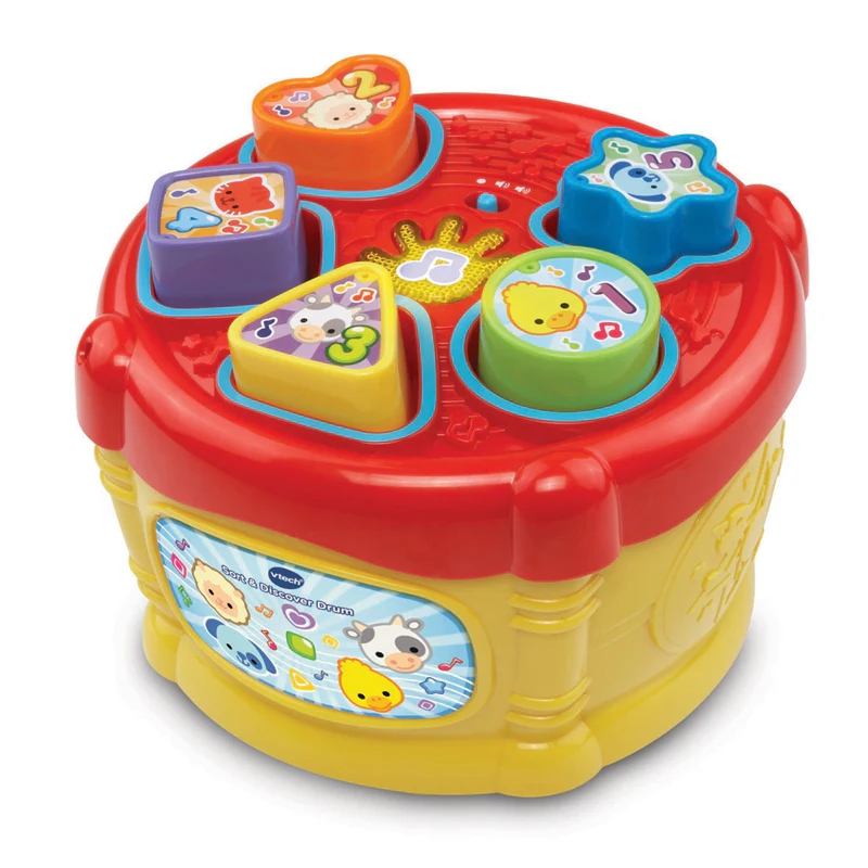 VTech Sort & Discover Drum with five coloured sorting blocks, red and yellow