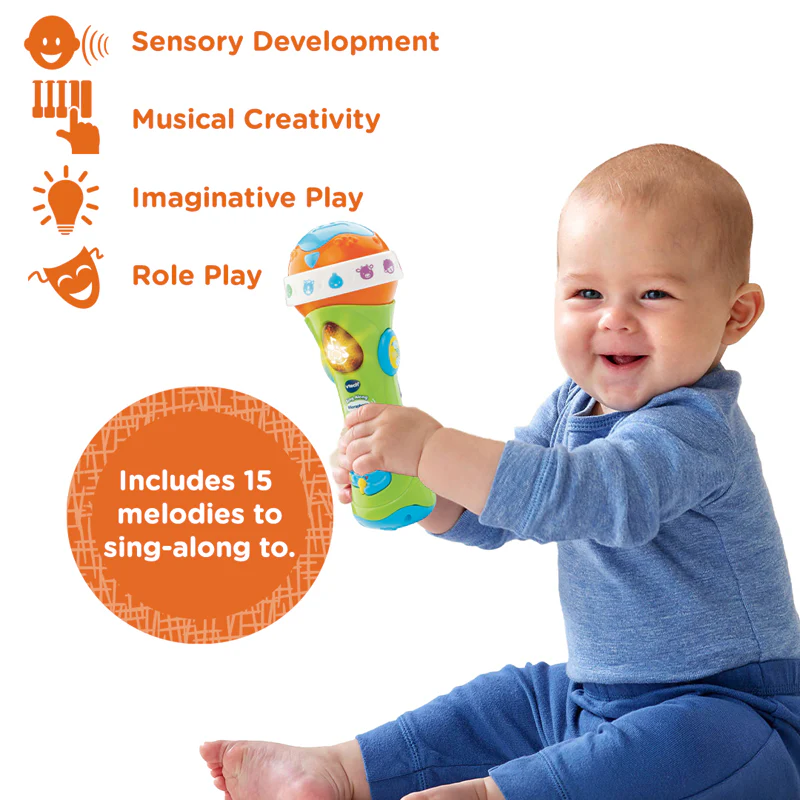 VTech Baby Sing Along Microphone orange and green toy with 15 melodies
