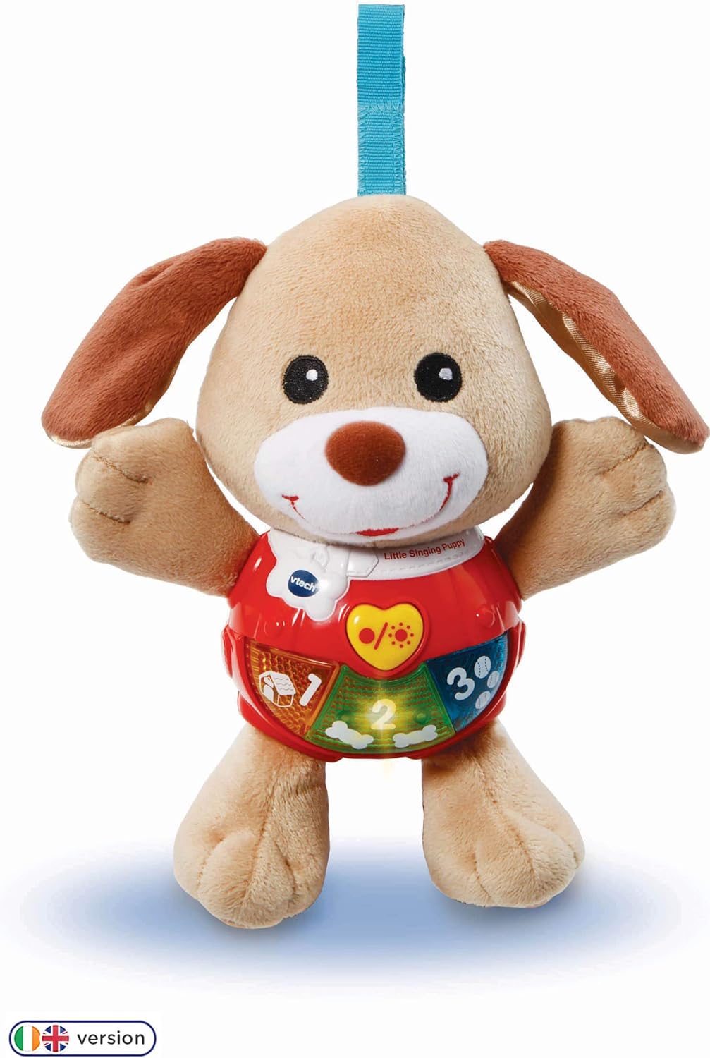 VTech Little Singing Puppy plush toy with brown ears and red shirt