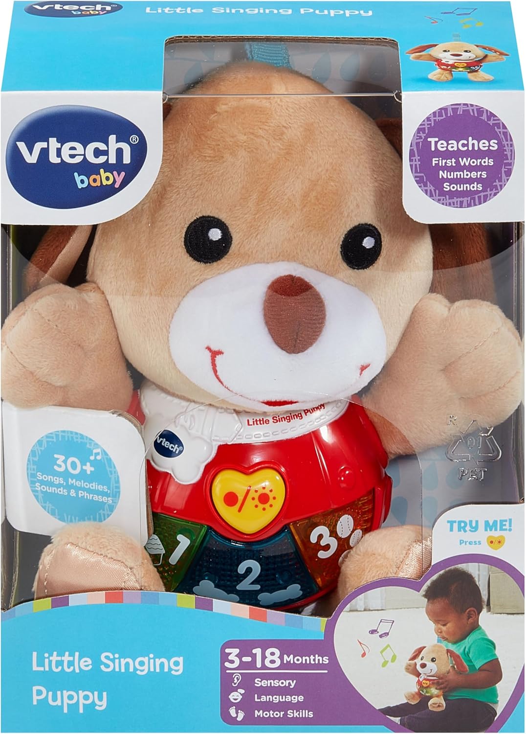 VTech baby Little Singing Puppy tan plush toy with red heart button