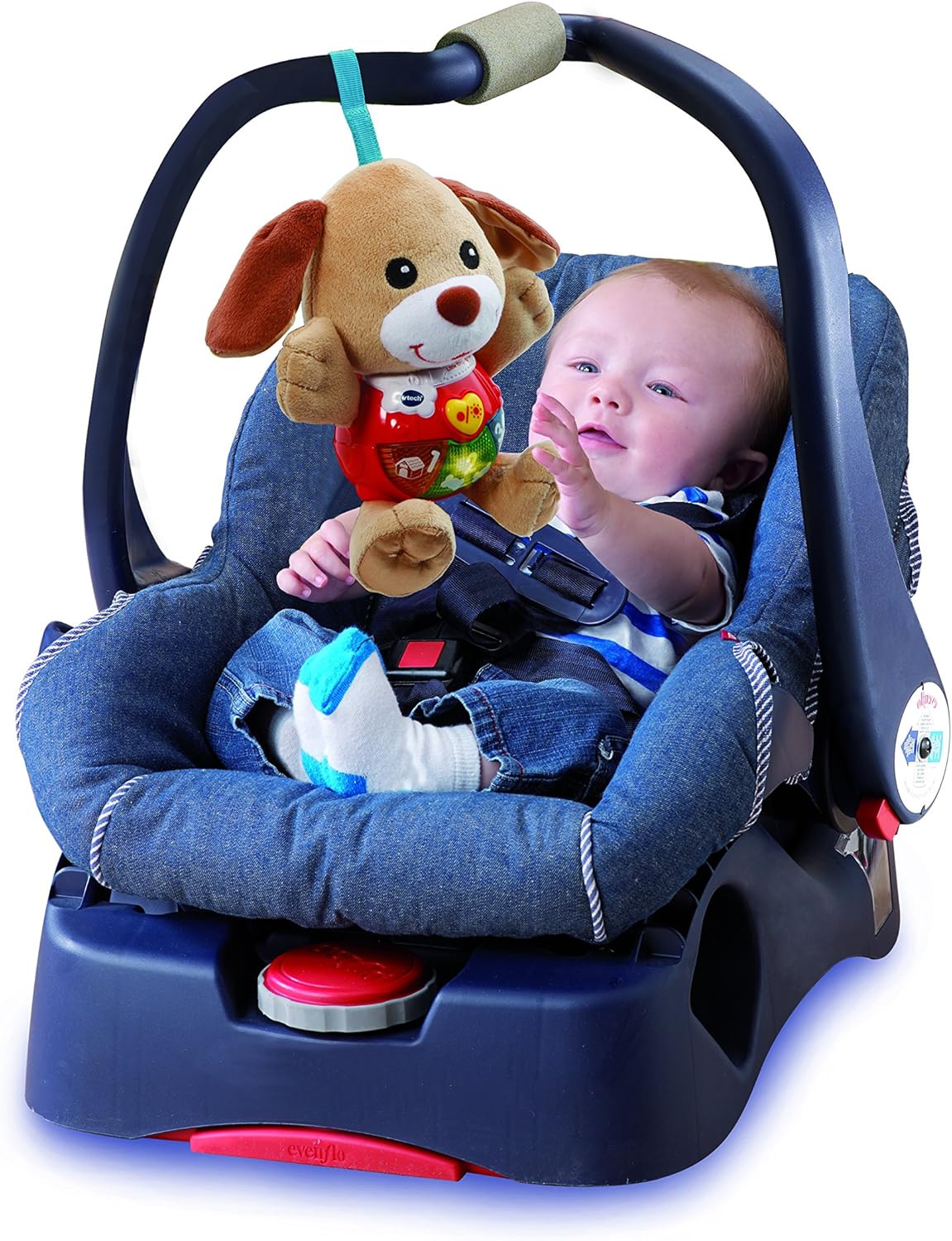 VTech Little Singing Puppy with tan and brown plush toy attached to carrier handle