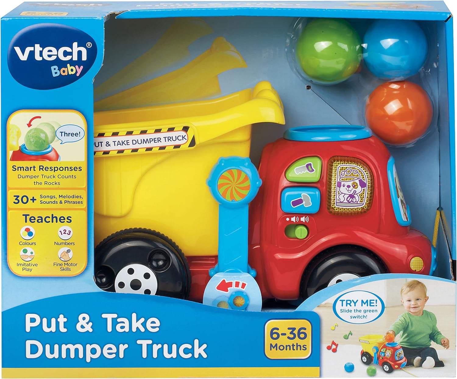 VTech Put & Take Dumper Truck in red with yellow dumper bed and coloured balls