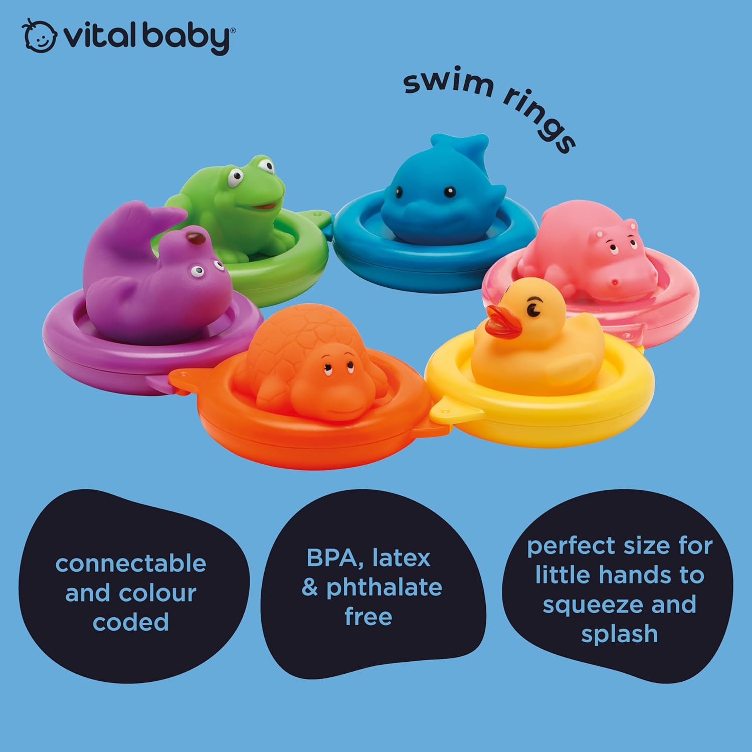 Vital Baby Splash Swim Rings set with five colourful animal-shaped flotation rings