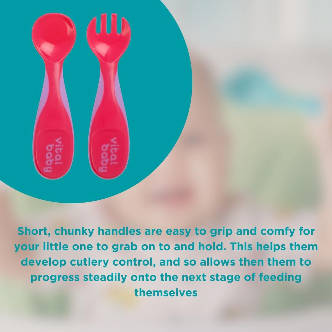 Vital Baby NOURISH Chunky Cutlery Set in bright pink Fizz colourway, spoon and fork