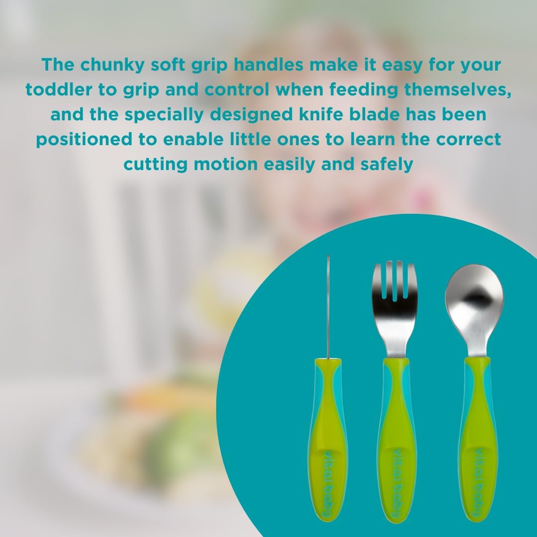 Vital Baby Nourish Chunky Cutlery Set Pop blue and green knife fork spoon