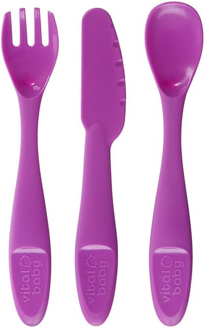 Vital Baby NOURISH Perfectly Simple purple cutlery set with fork, knife and spoon