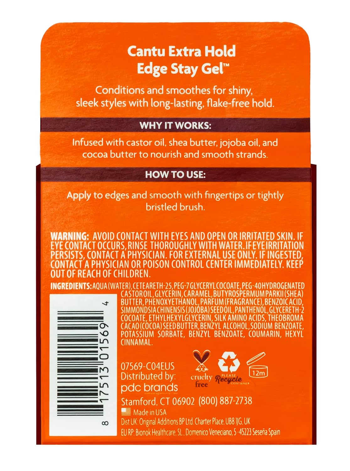 Cantu Shea Butter Extra Hold Edge Stay Gel 2.25oz orange packaging back label