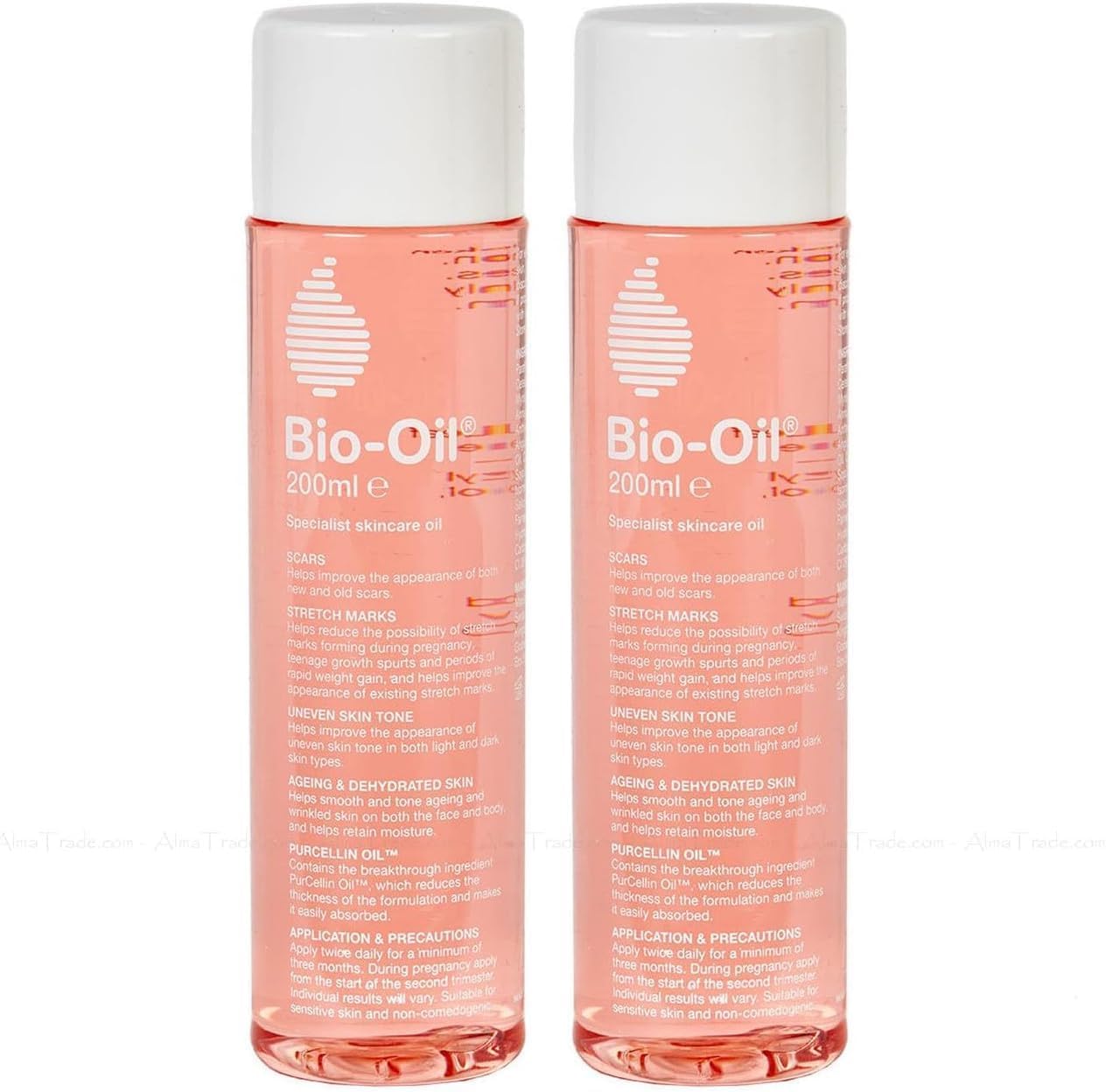 Bio-Oil specialist skincare oil 200ml bottles with white caps, pink liquid