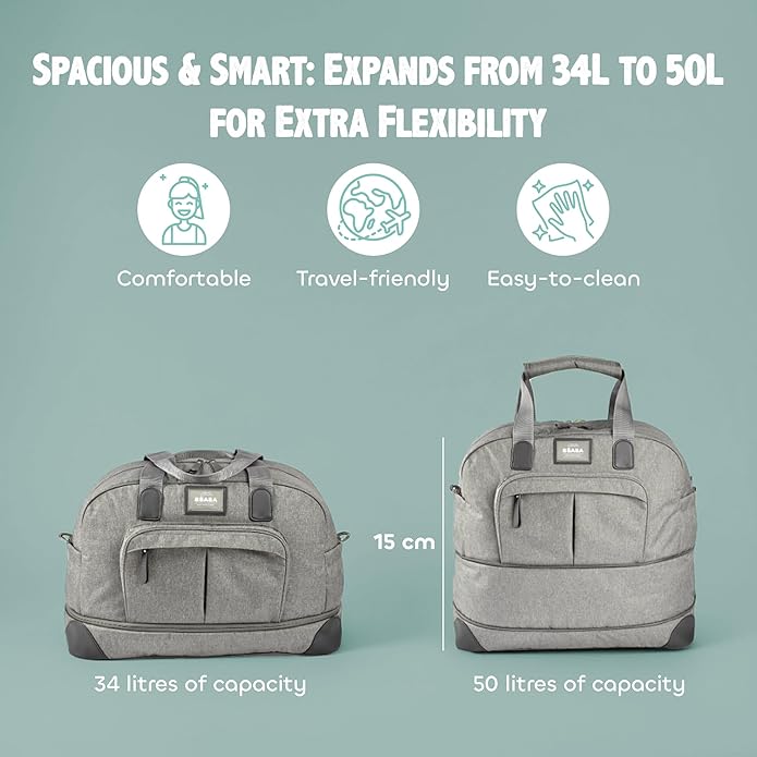 Béaba Amsterdam II expandable nappy bag, grey, 34L to 50L capacity
