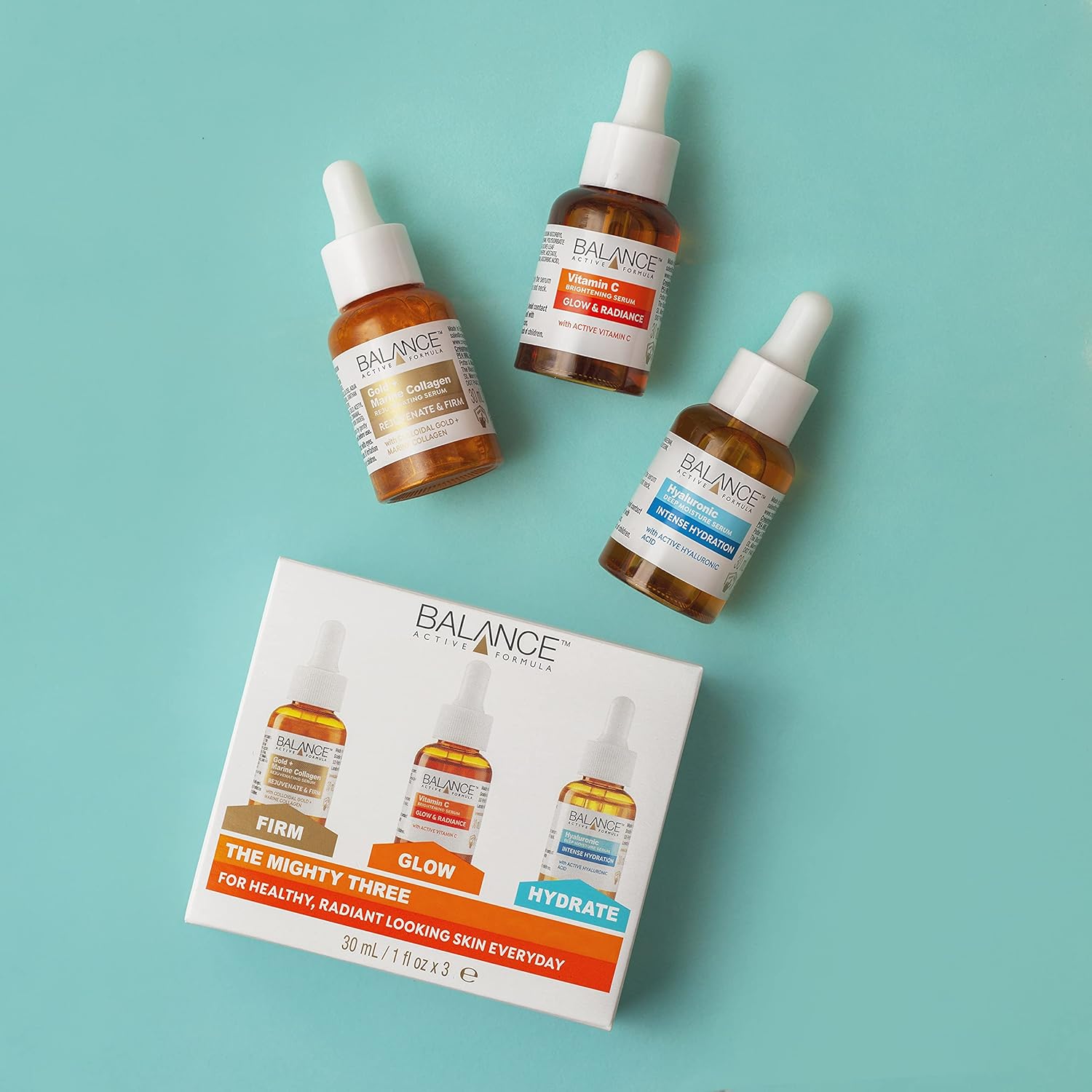 Balance Active Formula The Mighty Three serum set with three 30ml amber bottles