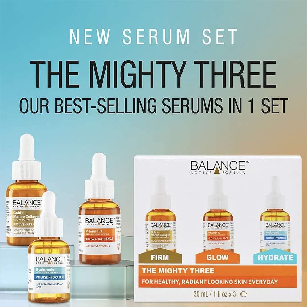 Balance Active Formula The Mighty Three skincare serum set with three bottles
