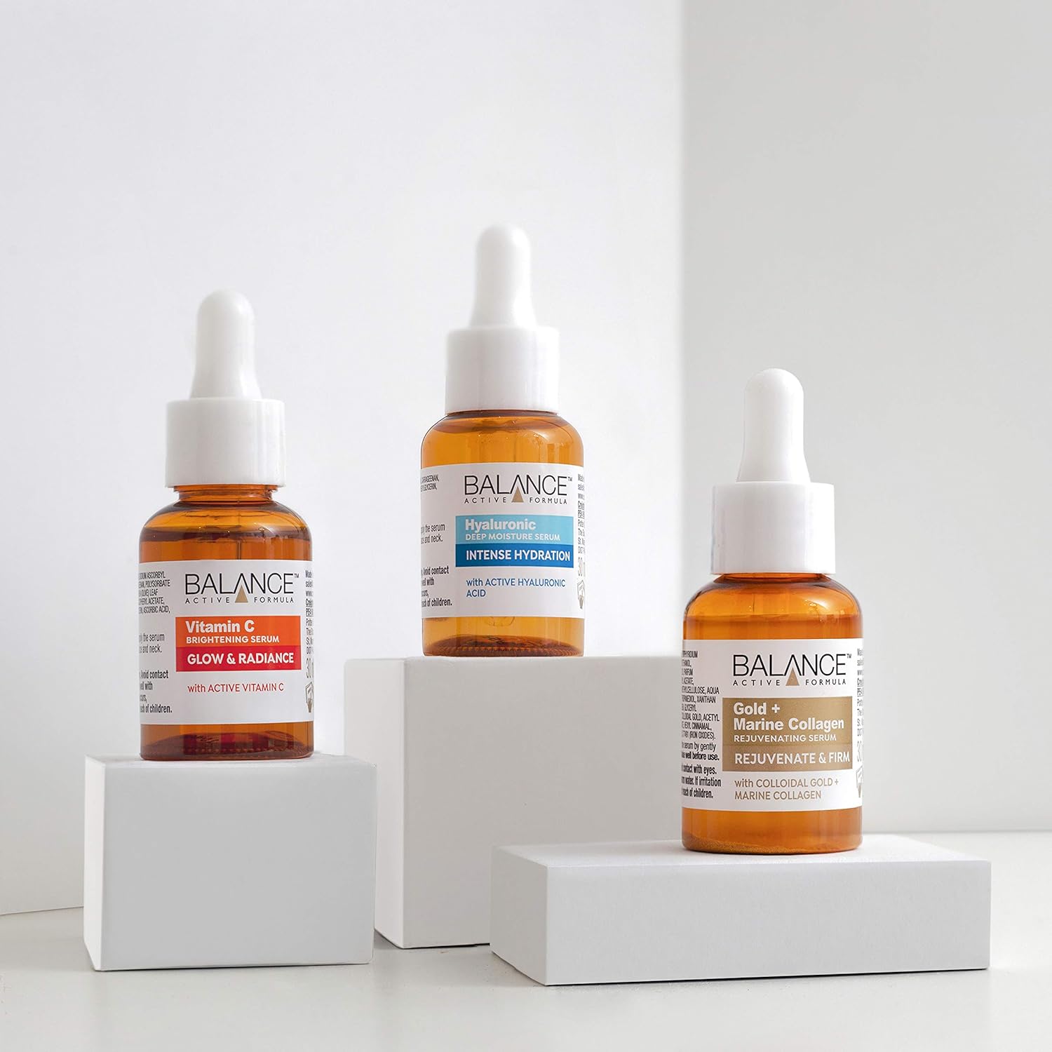 Balance Active Formula The Mighty Three serum set, three amber bottles with droppers