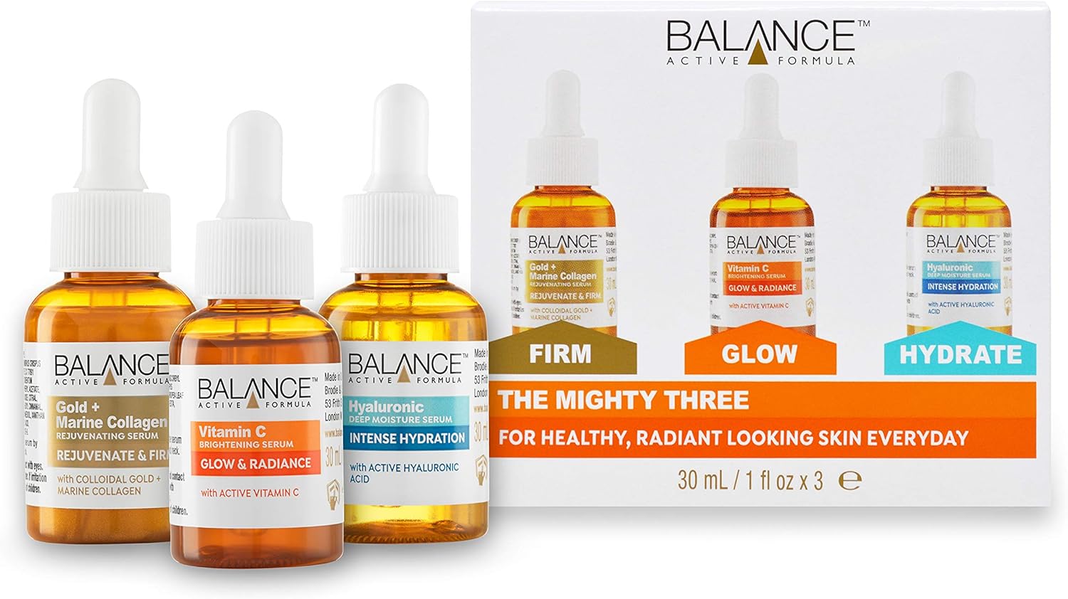 Balance Active Formula The Mighty Three serum set, three 30ml bottles with dropper applicators