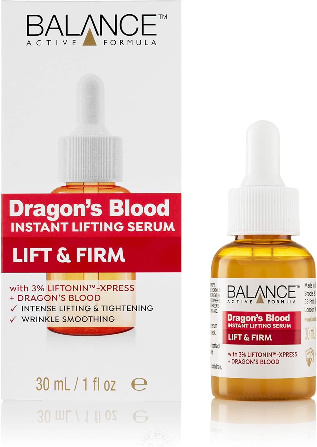 Balance Active Formula Dragon's Blood Instant Lifting Serum 30ml golden-yellow liquid with dropper applicator