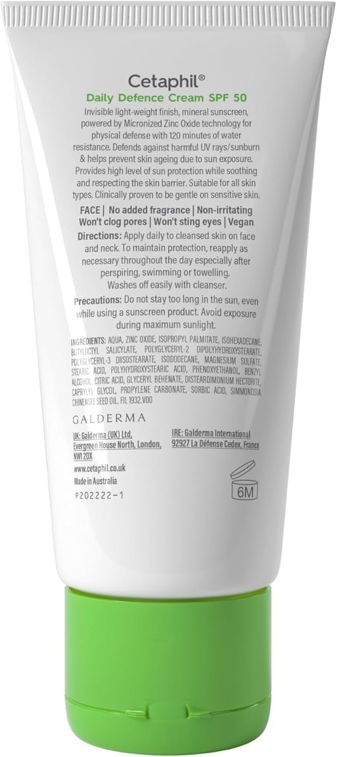 Cetaphil Daily Defence Cream SPF 50 facial moisturiser with sunscreen, white tube with green cap