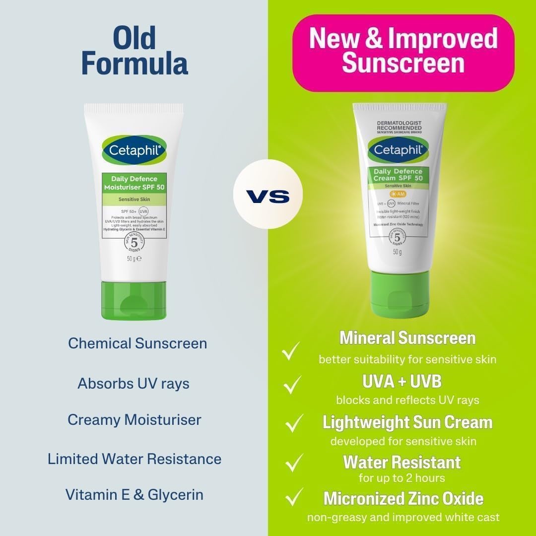 Cetaphil Daily Defence Cream SPF 50 mineral sunscreen for sensitive skin, 50g tube