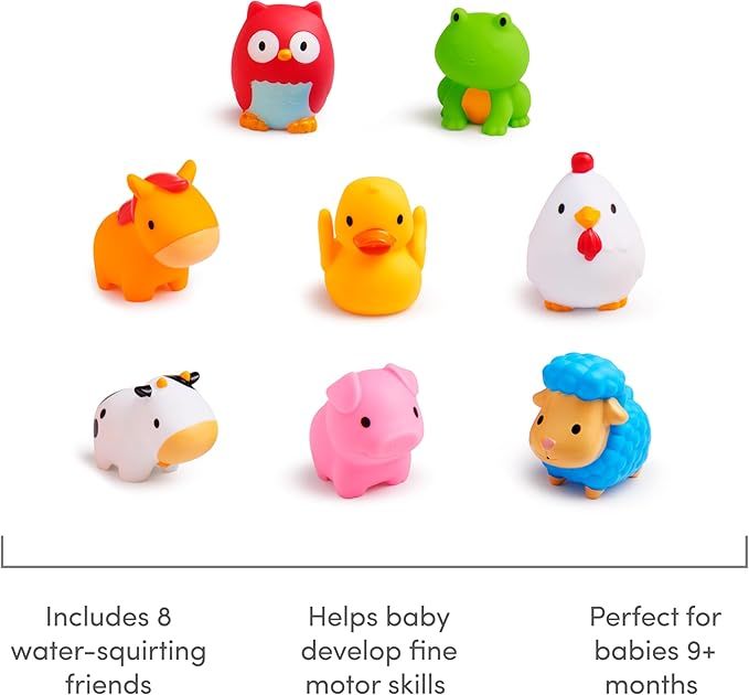 Munchkin Farm Animal Squirts eight pack, colourful rubber bath toys