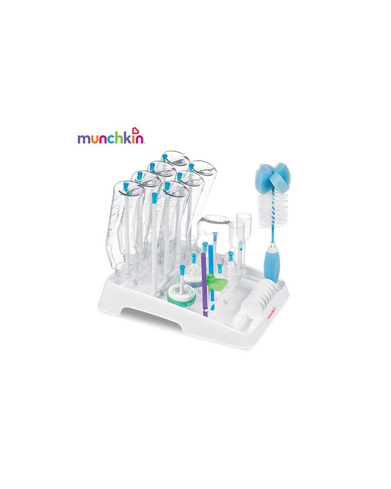 Munchkin Deluxe Drying Rack white with blue accents for baby bottles