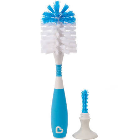 Munchkin blue and white bristle bottle brush with suction cup base