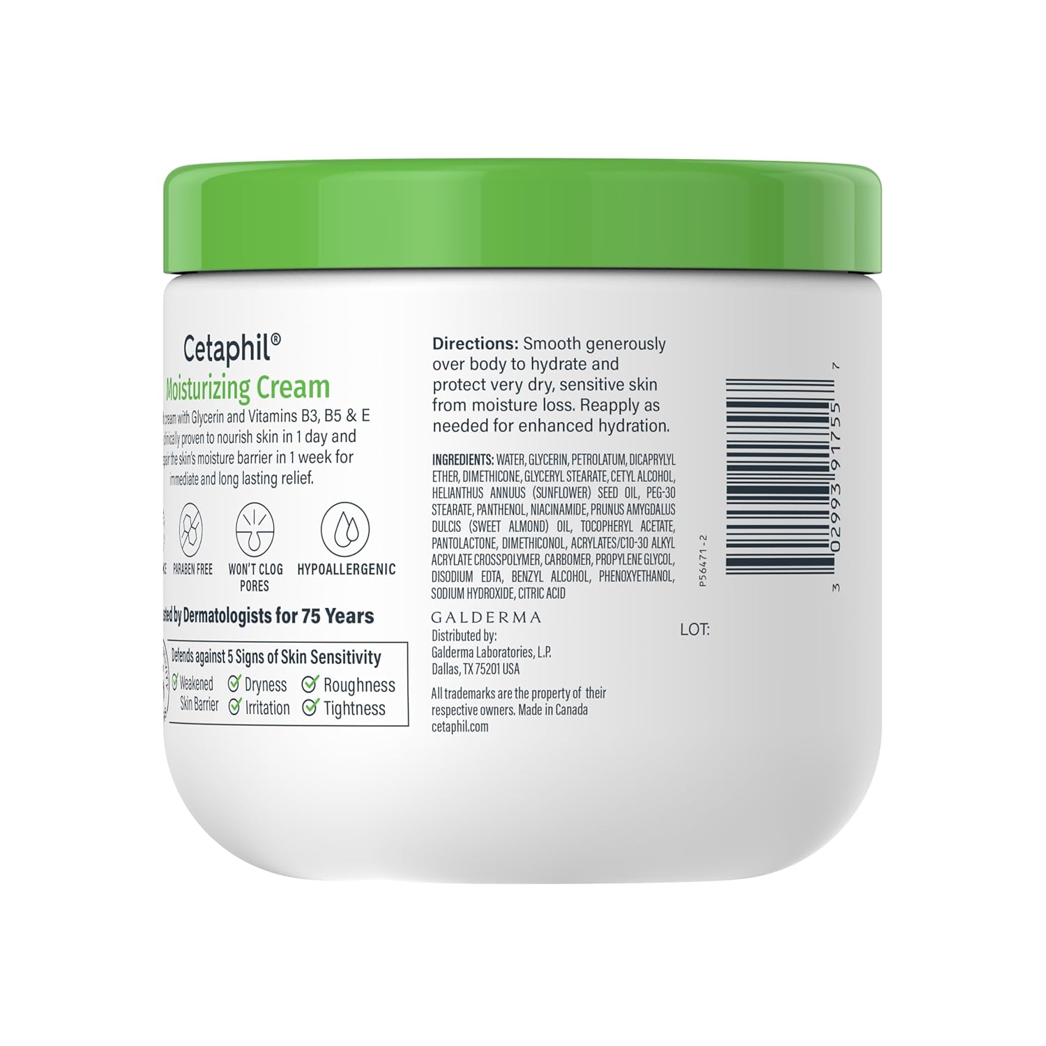 Cetaphil Moisturizing Cream 453g with green lid and white jar for dry sensitive skin