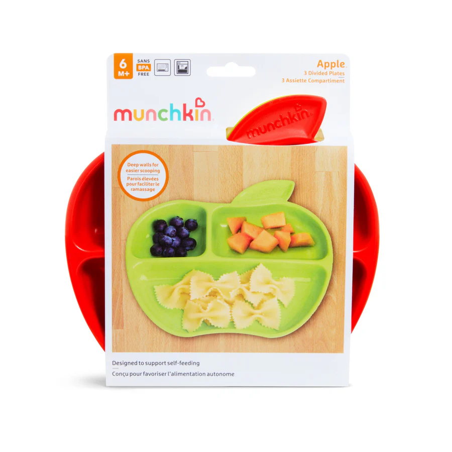 Munchkin Lil' Apple divided plates 3-pack red and green for babies 6 months plus