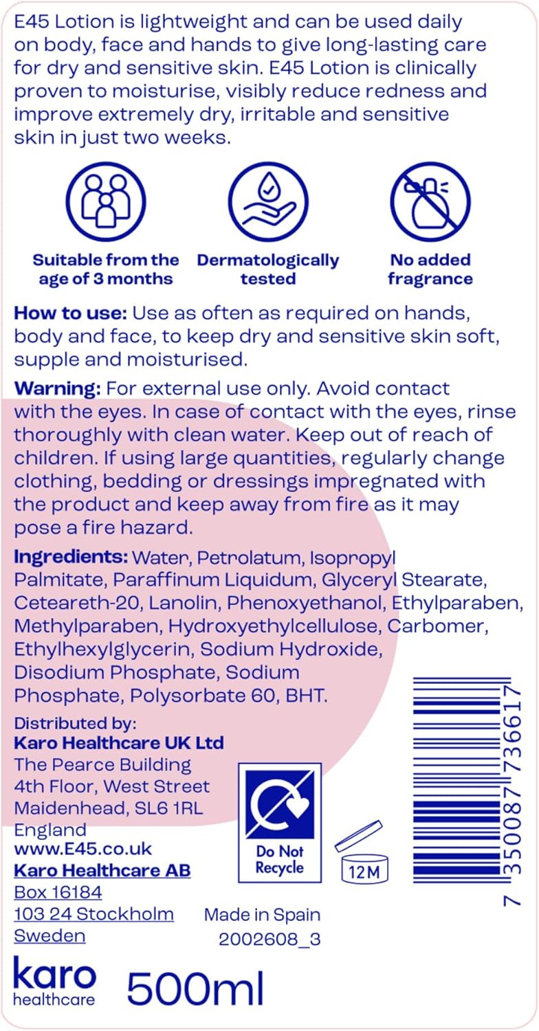E45 Moisturising Lotion 500ml bottle for dry sensitive skin