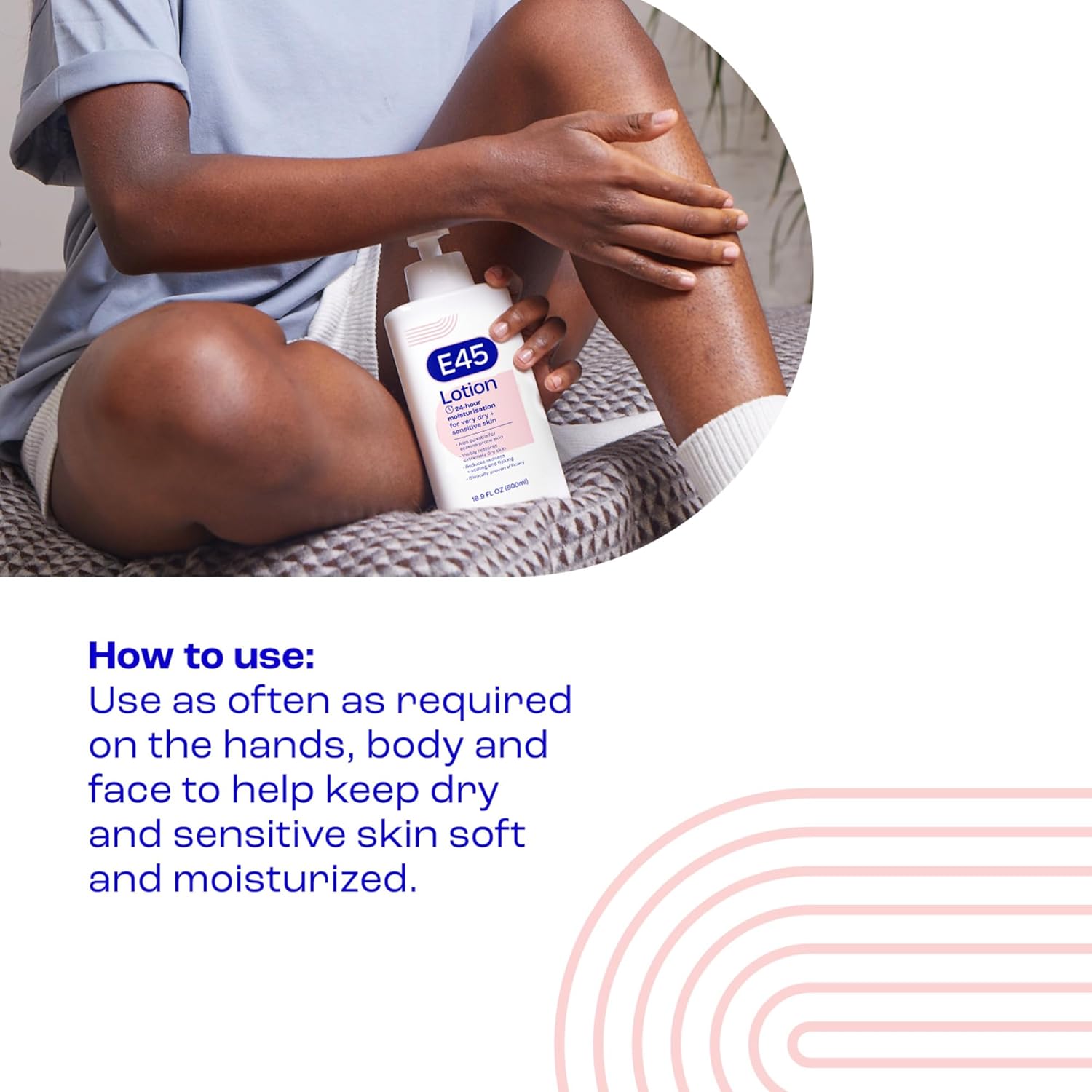 E45 Moisturising Lotion 500ml white pump bottle for dry skin