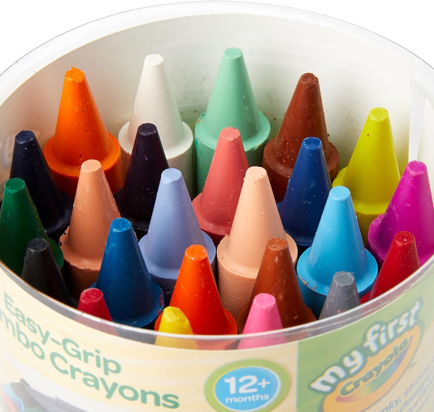 I can see this image shows a container of crayons, not an Ellie and Raff Hooded Baby Towel. There appears to be a mismatch between the product name provided and the actual image.

Based on what's shown in the image, here's the appropriate alt text:

Easy Grip coloured crayons for babies twelve months and older

However, if you intended to upload an image of the Ellie and Raff