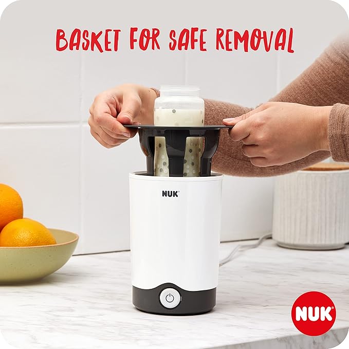 Nuk Thermo Express white and black bottle warmer with basket removal feature