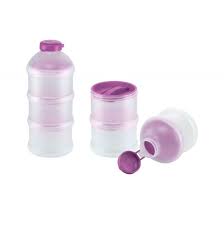 Nuk milk powder dispenser with purple lid and compartments, three-piece set