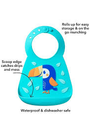 Nuby Silicone 3D Bib in turquoise with scoop edge and roll-up storage
