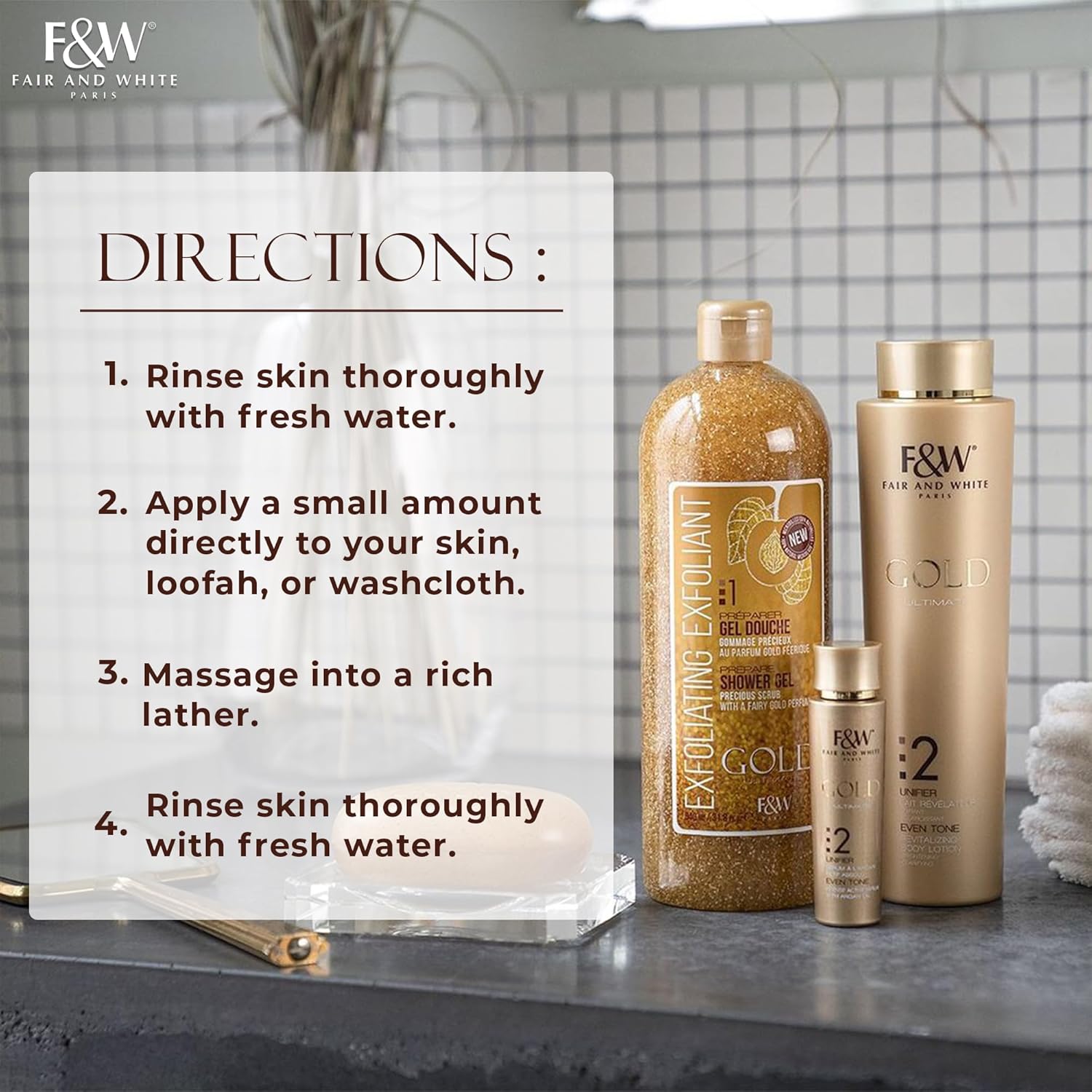 Fair & White Gold exfoliating shower gel 940ml bottle with gold scrub particles