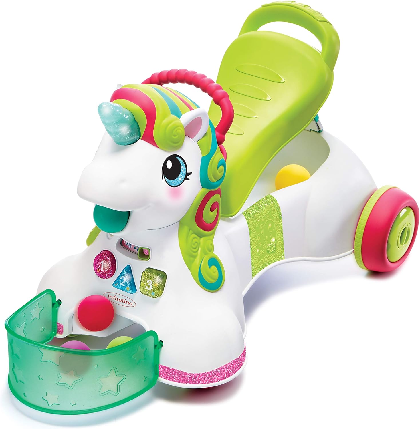 Infantino 3-in-1 Sit, Walk & Ride Unicorn with rainbow mane and interactive features