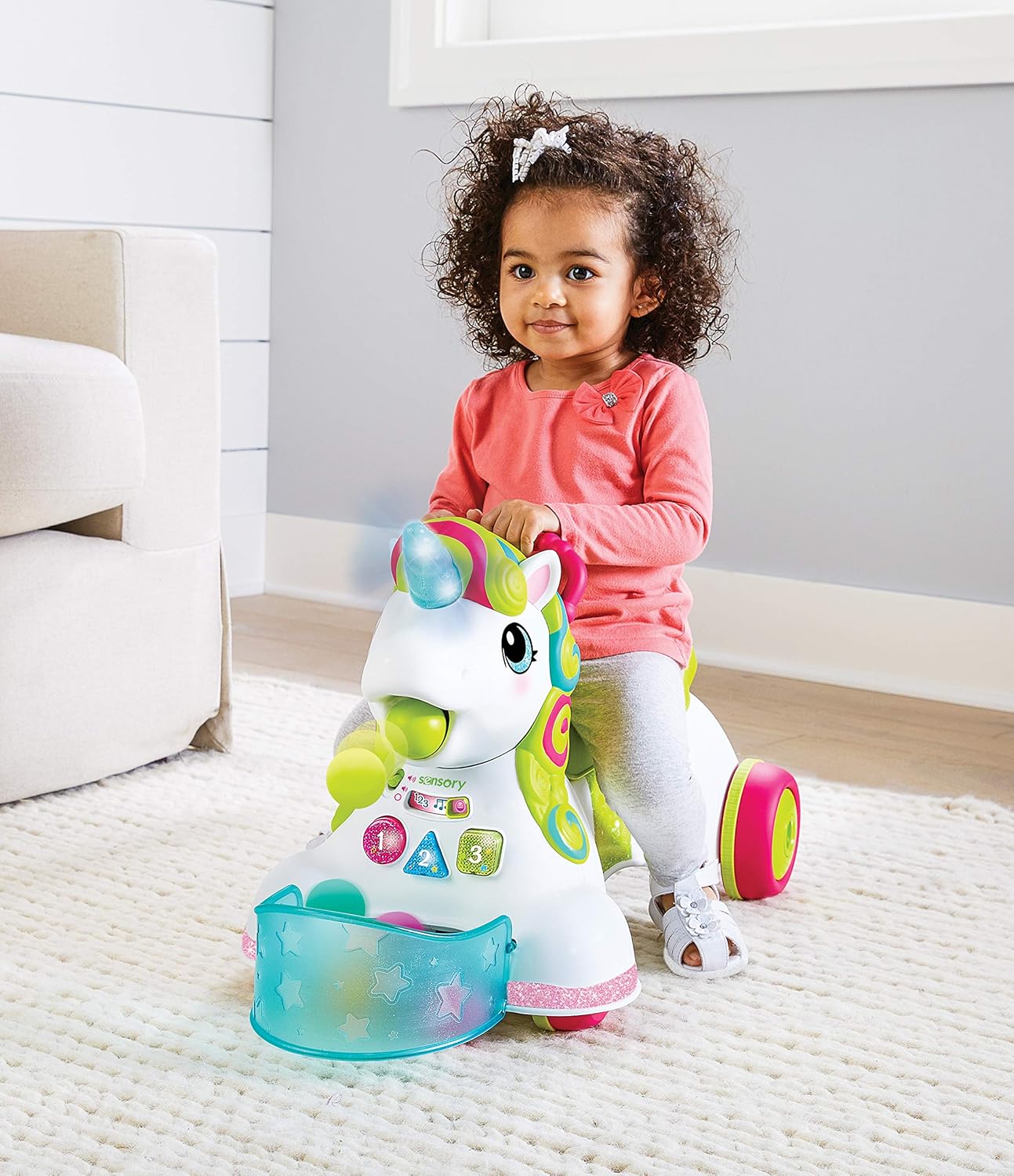 Infantino 3-in-1 Sit, Walk & Ride white unicorn with colourful wheels and interactive toys