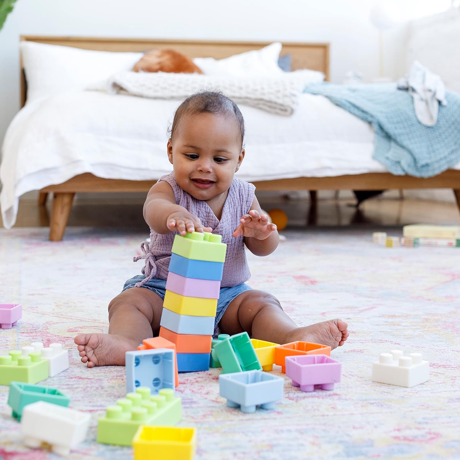 Infantino Go Gaga Super Soft building blocks in multicoloured stacked tower formation