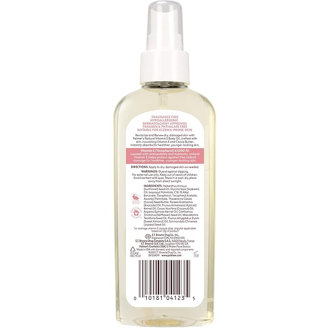 Palmer's Natural Vitamin E Body Oil 150ml spray bottle with clear liquid