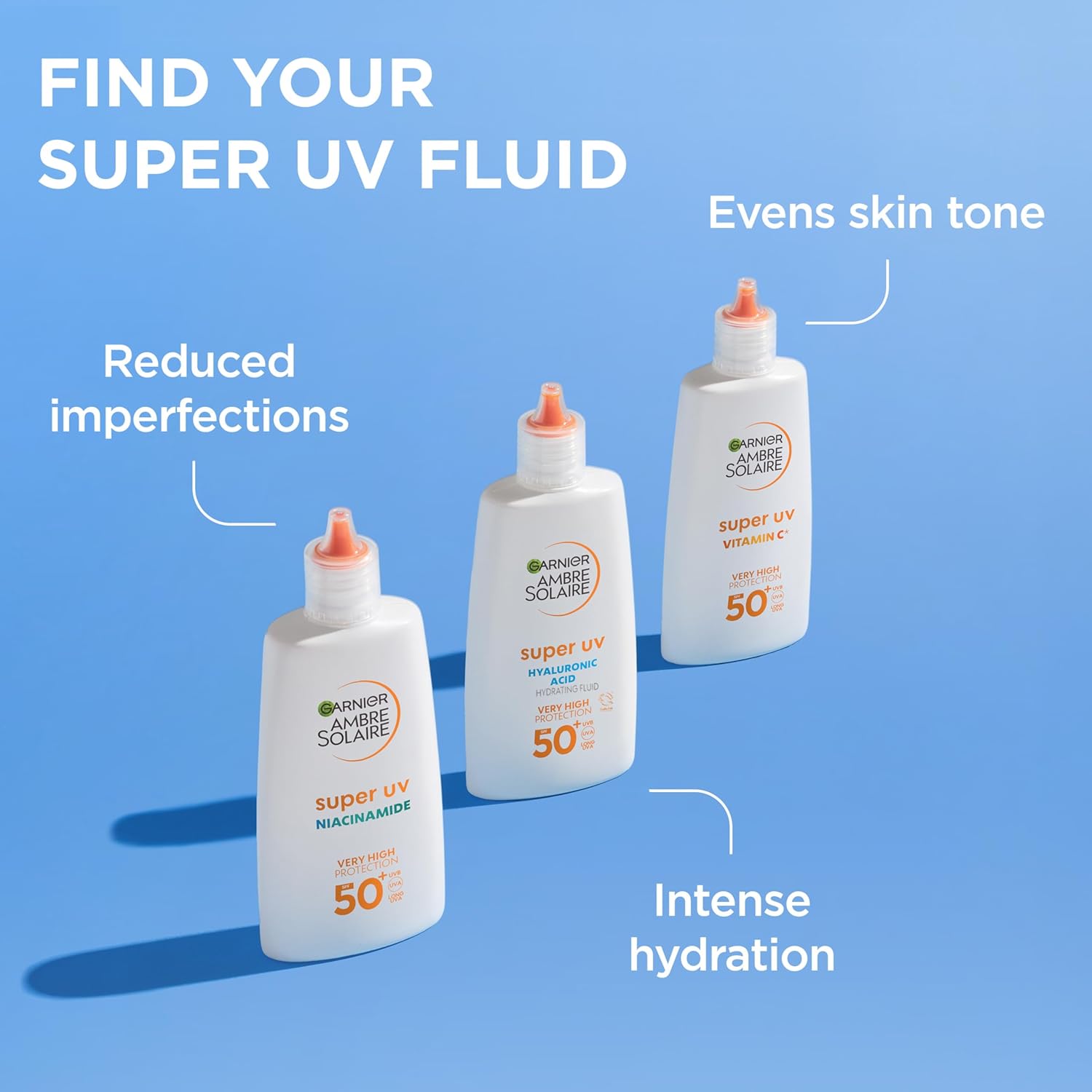 Garnier Ambre Solaire Super UV Fluid SPF 50+ sunscreen three bottles displayed