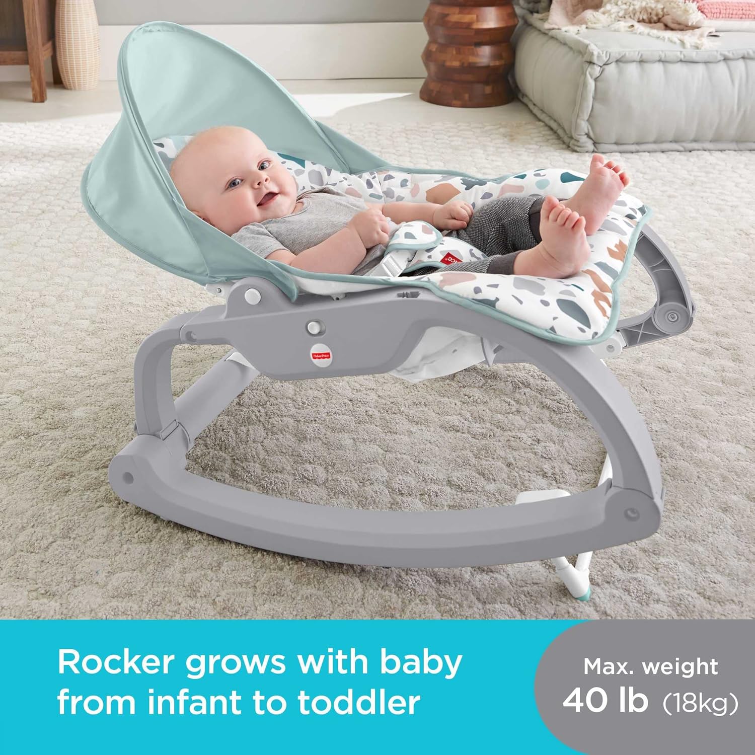 Fisher-Price Deluxe Infant-to-Toddler Rocker in mint green with patterned seat