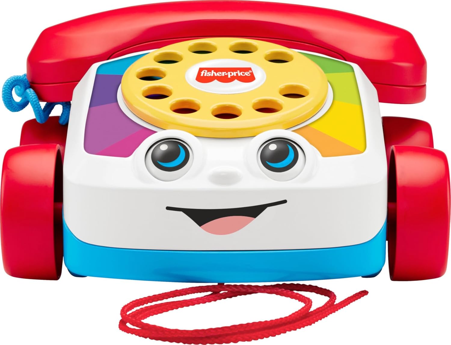 Fisher-Price Chatter Telephone with red handset and wheels, yellow dial