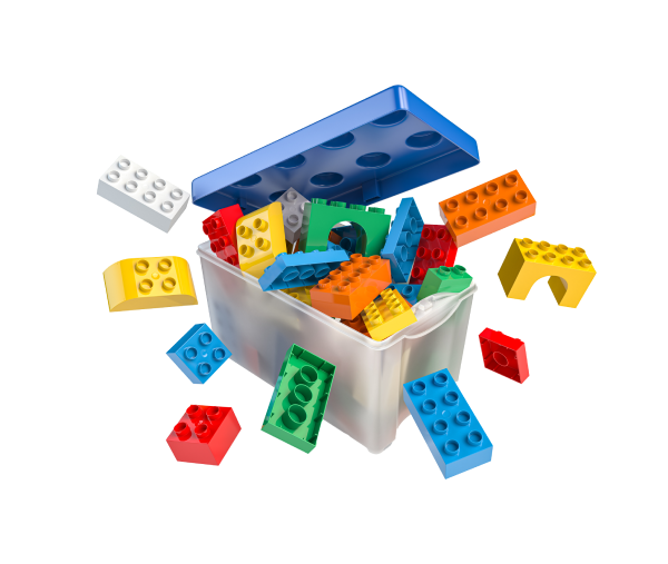 Colourful building blocks storage container with assorted plastic bricks