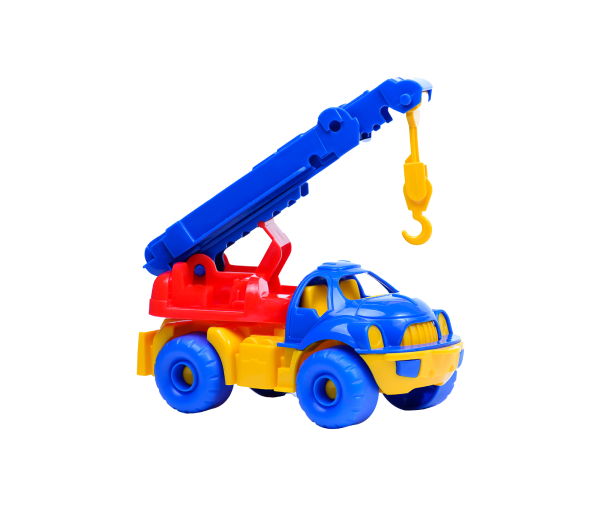 Blue and yellow toy crane truck with red lifting mechanism