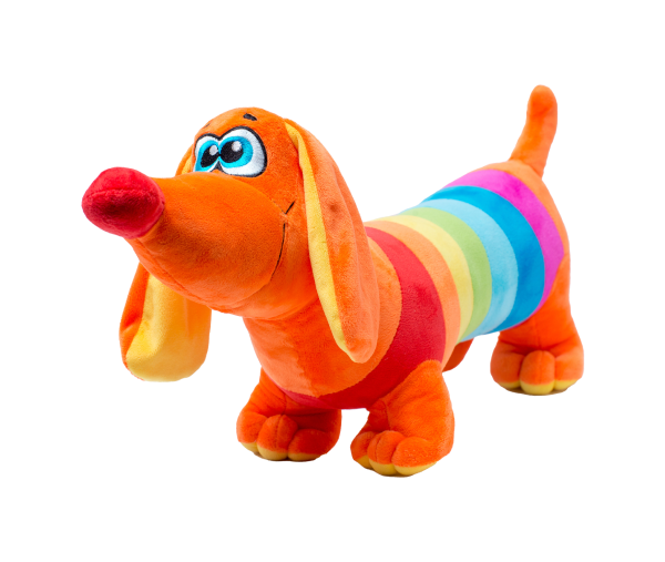 Soft orange dachshund plush toy with rainbow striped body and floppy ears