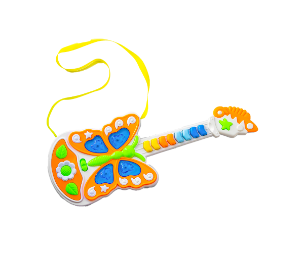 Colourful toy guitar with orange body, blue buttons and yellow neck strap