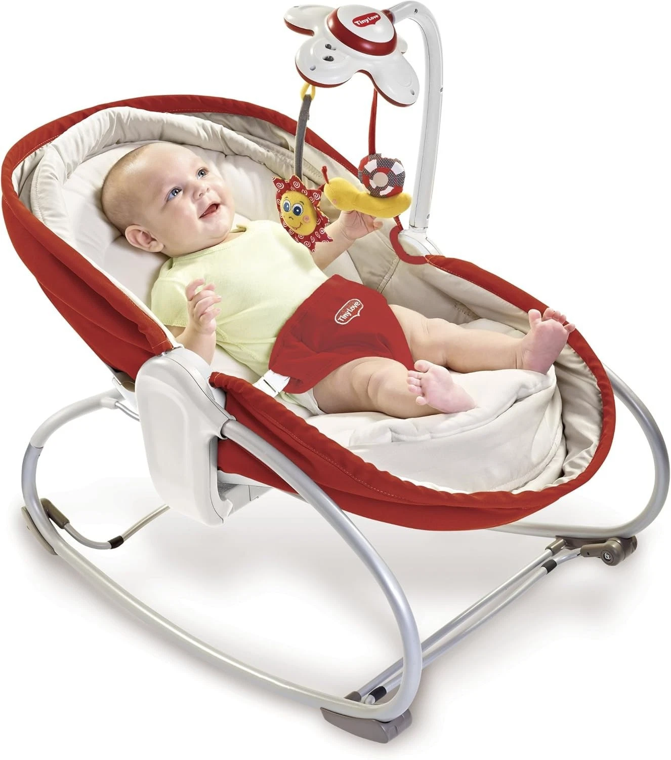 Tiny Love 3-in-1 Rocker Napper red and white infant bouncer seat with toys