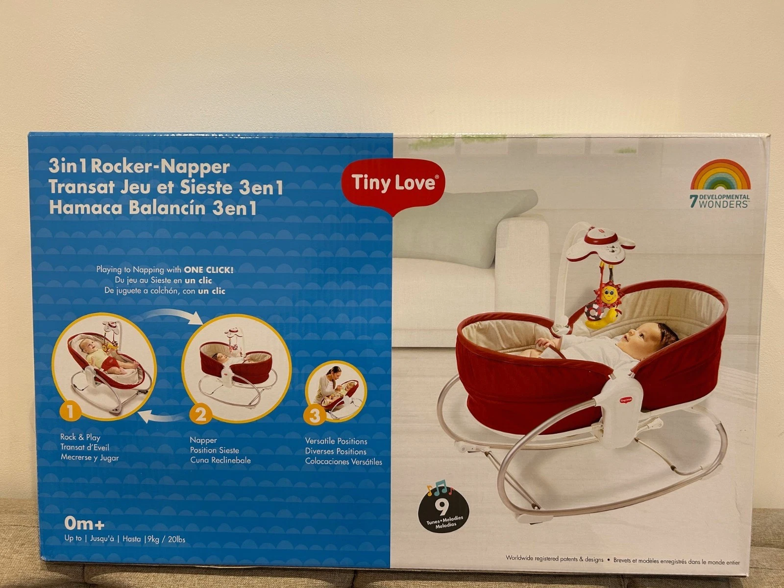 Tiny Love 3-in-1 Rocker Napper red infant rocker with mobile attachment